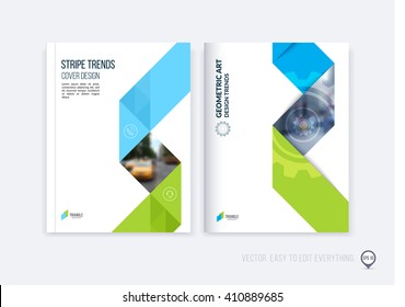 Broschüren-Template-Layout, Cover-Design-Jahresbericht, Magazin, Flyer oder Broschüre in A4 mit blau grünen dynamischen dreieckigen geometrischen Formen und faltendem Streifen Band. Wirtschaftsvektorgrafik.