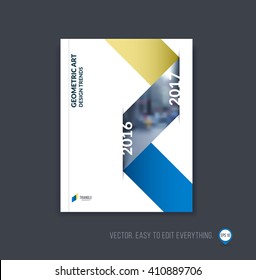 Brochure template layout; cover design annual report; magazine; flyer or booklet in A4 with blue yellow dynamic triangular geometric shapes and folding stripe ribbon. Business vector Illustration.