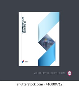 Brochure template layout; cover design annual report; magazine; flyer or booklet in A4 with bright blue dynamic triangular geometric shapes and folding stripe ribbon. Business vector Illustration.