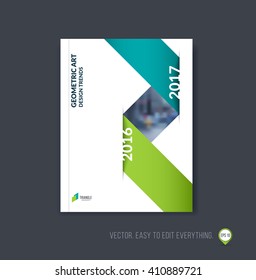Brochure template layout; cover design annual report; magazine; flyer or booklet in A4 with blue green dynamic triangular geometric shapes and folding stripe ribbon. Business vector Illustration.