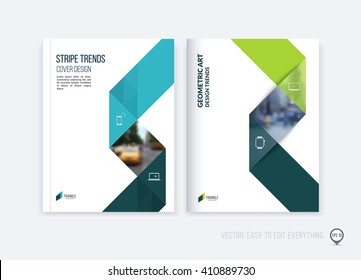 Brochure Template Layout, Cover Design Annual Report, Magazine, Flyer Or Booklet In A4 With Blue Green Dynamic Triangular Geometric Shapes And Folding Stripe Ribbon. Business Vector Illustration.