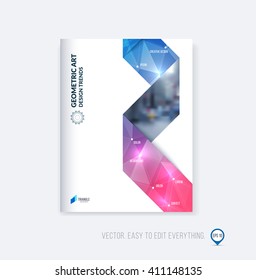 Brochure template layout, cover design, annual report, magazine, flyer or booklet in A4 with blue red folding triangular stripe ribbon on polygonal background. Business vector Illustration.