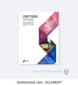 Brochure template layout, cover design, annual report, magazine, flyer or booklet in A4 with blue red folding triangular stripe ribbon on polygonal background. Business vector Illustration.