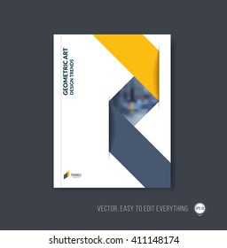 Brochure template layout, cover design annual report, magazine, flyer or booklet in A4 with yellow grey dynamic triangular geometric shapes and folding stripe ribbon. Business vector Illustration.