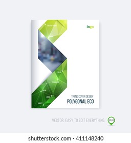 Brochure template layout, cover design, annual report, magazine, flyer or booklet in A4 with eco green folding triangular stripe ribbon on polygonal background. Business vector Illustration.