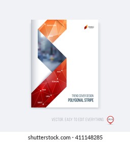 Brochure template layout, cover design, annual report, magazine, flyer or booklet in A4 with red folding triangular stripe ribbon on polygonal background. Business vector Illustration.