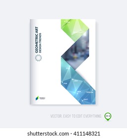 Brochure template layout, cover design, annual report, magazine, flyer or booklet in A4 with blue green folding triangular stripe ribbon on polygonal background. Business vector Illustration.