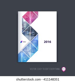 Brochure template layout, cover design, annual report, magazine, flyer or booklet in A4 with blue red folding triangular stripe ribbon on polygonal background. Business vector Illustration.