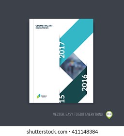 Brochure template layout, cover design annual report, magazine, flyer or booklet in A4 with blue green dynamic triangular geometric shapes and folding stripe ribbon. Business vector Illustration.