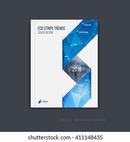 Brochure template layout, cover design, annual report, magazine, flyer or booklet in A4 with blue folding triangular stripe ribbon on polygonal background. Business vector Illustration.