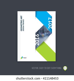 Brochure template layout, cover design annual report, magazine, flyer or booklet in A4 with blue green dynamic triangular geometric shapes and folding stripe ribbon. Business vector Illustration.