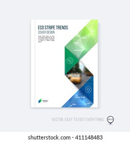 Brochure template layout, cover design, annual report, magazine, flyer or booklet in A4 with blue green folding triangular stripe ribbon on polygonal background. Business vector Illustration.