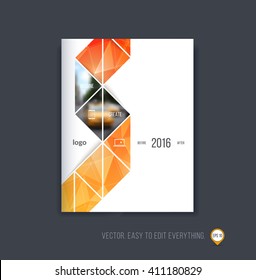 Brochure template layout, cover design, annual report, magazine, flyer or booklet in A4 with orange yellow folding triangular stripe ribbon on polygonal background. Business vector Illustration.