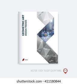 Brochure template layout, cover design, annual report, magazine, flyer or booklet in A4 with grey monochome folding triangular stripe ribbon on polygonal background. Business vector Illustration.