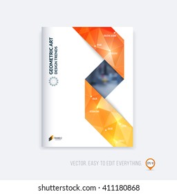 Brochure template layout, cover design, annual report, magazine, flyer or booklet in A4 with orange yellow folding triangular stripe ribbon on polygonal background. Business vector Illustration.