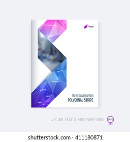 Brochure template layout, cover design, annual report, magazine, flyer or booklet in A4 with pink purple folding triangular stripe ribbon on polygonal background. Business vector Illustration.