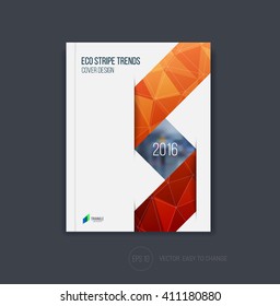 Brochure template layout, cover design, annual report, magazine, flyer or booklet in A4 with red folding triangular stripe ribbon on polygonal background. Business vector Illustration.