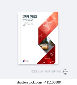Brochure template layout, cover design, annual report, magazine, flyer or booklet in A4 with red folding triangular stripe ribbon on polygonal background. Business vector Illustration.