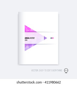 Brochure template layout, cover design, annual report, magazine, flyer or booklet in A4 with purple pink triangle geometric arrow shape on polygonal background. Business vector Illustration.