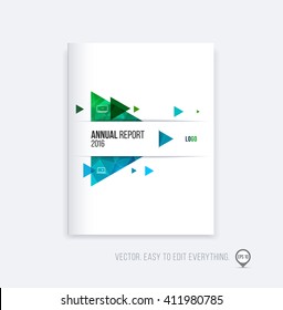 Brochure template layout, cover design, annual report, magazine, flyer or booklet in A4 with blue green triangle geometric arrow shape on polygonal background. Business vector Illustration.