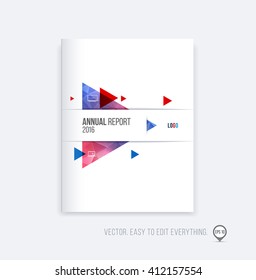 Brochure template layout, cover design, annual report, magazine, flyer or booklet in A4 with blue red triangle geometric arrow shape on polygonal background. Business vector Illustration.