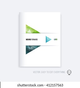 Brochure template layout, cover design, annual report, magazine, flyer or booklet in A4 with blue green triangle geometric arrow shape on polygonal background. Business vector Illustration.