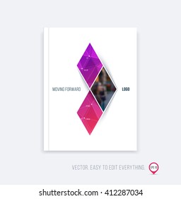 Brochure template layout, cover design, annual report, magazine, flyer or booklet in A4 with pink purple triangular geometric arrow shape on polygonal background. Business vector Illustration.