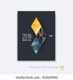 Brochure template layout, cover design, annual report, magazine, flyer or booklet in A4 with orange black triangular geometric arrow shape on polygonal background. Business vector Illustration.