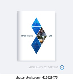 Brochure template layout, cover design, annual report, magazine, flyer or booklet in A4 with blue triangular geometric arrow shape on polygonal background. Business vector Illustration.