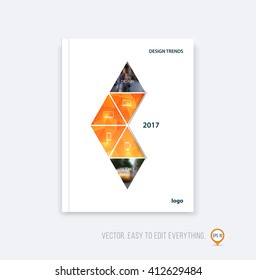 Brochure template layout, cover design, annual report, magazine, flyer or booklet in A4 with orange yellow triangular geometric arrow shape on polygonal background. Business vector Illustration.