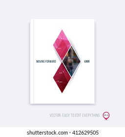 Brochure template layout, cover design, annual report, magazine, flyer or booklet in A4 with red triangular geometric arrow shape on polygonal background. Business vector Illustration.