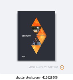 Brochure template layout, cover design, annual report, magazine, flyer or booklet in A4 with orange black triangular geometric arrow shape on polygonal background. Business vector Illustration.