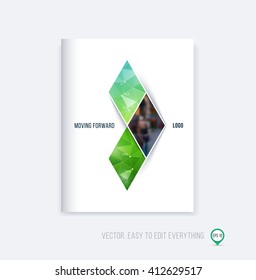 Brochure template layout, cover design, annual report, magazine, flyer or booklet in A4 with eco green triangular geometric arrow shape on polygonal background. Business vector Illustration.