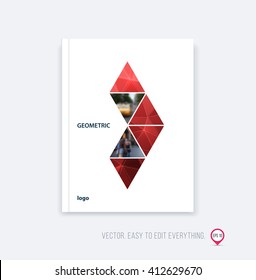 Brochure template layout, cover design, annual report, magazine, flyer or booklet in A4 with red triangular geometric arrow shape on polygonal background. Business vector Illustration.