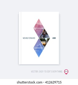 Brochure template layout, cover design, annual report, magazine, flyer or booklet in A4 with pink purple triangular geometric arrow shape on polygonal background. Business vector Illustration.