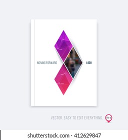 Brochure template layout, cover design, annual report, magazine, flyer or booklet in A4 with pink purple triangular geometric arrow shape on polygonal background. Business vector Illustration.
