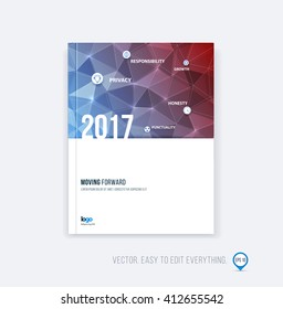 Brochure template layout, cover design, annual report, magazine, flyer or booklet in A4 with blue red triangles geometric shape on polygonal background. Business vector Illustration.