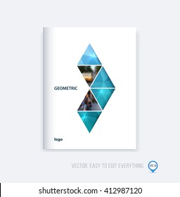 Brochure template layout, cover design, annual report, magazine, flyer or booklet in A4 with blue green turquoise  triangular geometric arrow shape on polygonal background. Business vector.