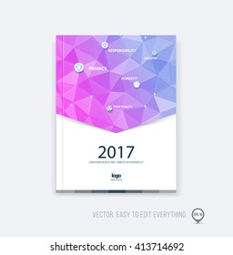 Brochure template layout, cover design, annual report, magazine, flyer or booklet in A4 with pink purple triangle geometric arrow shape on polygonal background. Business vector Illustration.