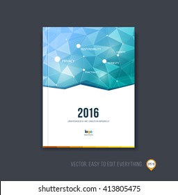 Brochure template layout, cover design, annual report, magazine, flyer or booklet in A4 with blue turquoise triangle geometric arrow shape on polygonal background. Business vector Illustration.