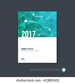 Brochure template layout, cover design, annual report, magazine, flyer or booklet in A4 with blue green triangle geometric arrow shape on polygonal background. Business vector Illustration.