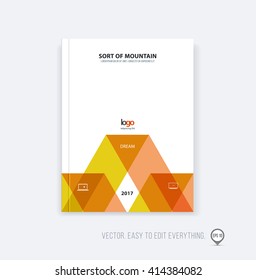 Brochure template layout, cover design annual report, magazine, flyer or booklet in A4 with orange dynamic triangular geometric shapes and folding stripe ribbon. Business vector flat style.