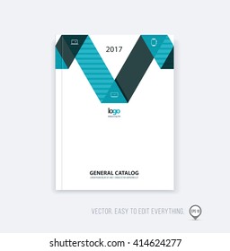 Brochure template layout, cover design annual report, magazine, flyer or booklet in A4 with blue green dynamic triangular geometric shapes and folding stripe ribbon. Business vector flat style.