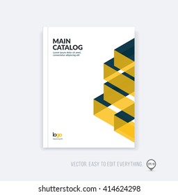 Brochure template layout, cover design annual report, magazine, flyer or booklet in A4 with orange dynamic triangular geometric shapes and folding stripe ribbon. Business vector flat style.