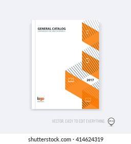 Brochure template layout, cover design annual report, magazine, flyer or booklet in A4 with orange dynamic triangular geometric shapes and folding stripe ribbon. Business vector flat style.