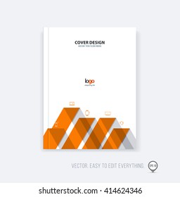 Brochure template layout, cover design annual report, magazine, flyer or booklet in A4 with orange dynamic triangular geometric shapes and folding stripe ribbon. Business vector flat style.