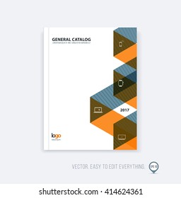 Brochure template layout, cover design annual report, magazine, flyer or booklet in A4 with orange dynamic triangular geometric shapes and folding stripe ribbon. Business vector flat style.