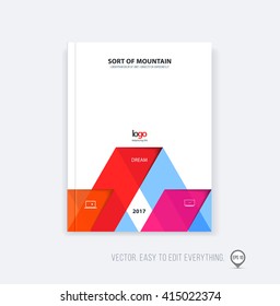Brochure template layout, cover design annual report, magazine, flyer booklet in A4 with red blue dynamic triangular geometric shapes and folding stripe ribbon. Business vector flat style.