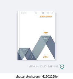 Brochure template layout, cover design annual report, magazine, flyer booklet in A4 with grey black-white dynamic triangular geometric shapes and folding stripe ribbon. Business vector flat style.