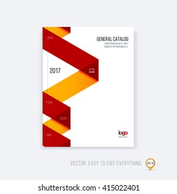 Brochure template layout, cover design annual report, magazine, flyer booklet in A4 with red orange dynamic triangular geometric shapes and folding stripe ribbon. Business vector flat style.